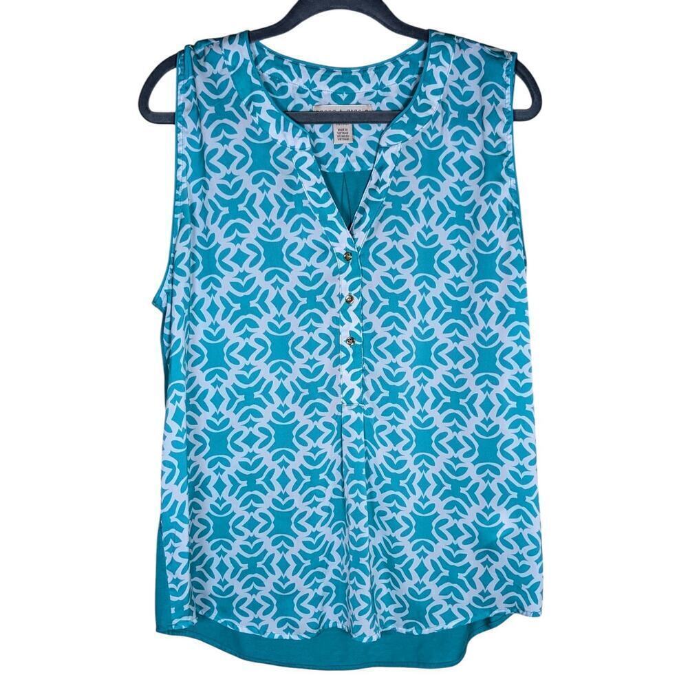 Hanna & Gracie Womens Top Blouse XL Sleeveless Green Batik V Neck Top
